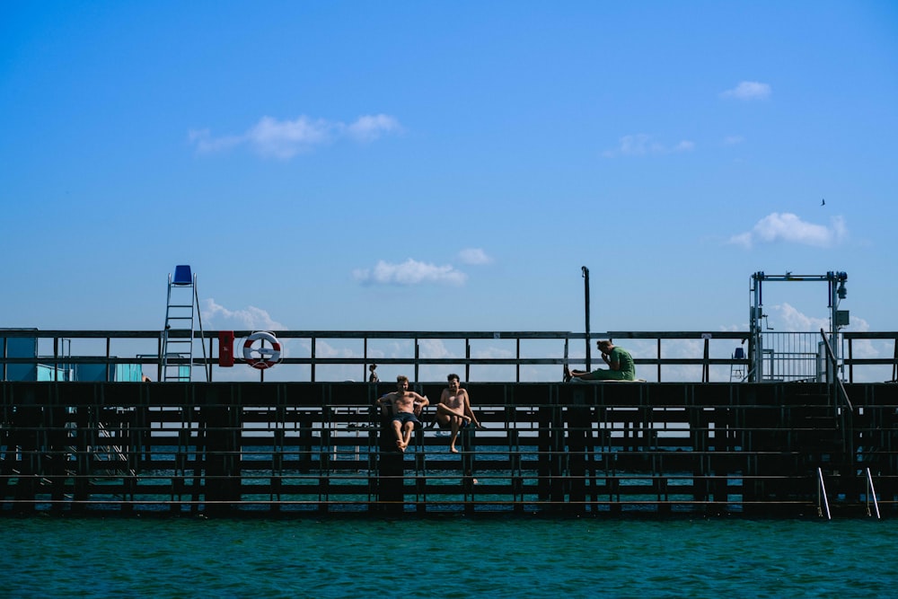 people sitting on brown wooden dock