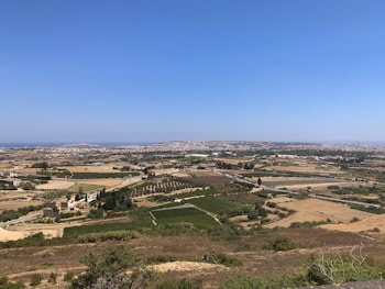 A vast rural landscape features agricultural fields with a mixture of green crops and dry land patches. In the distance, city buildings form a dense, sprawling urban area under a clear blue sky. A few scattered trees and small farmhouses can be seen across the area.