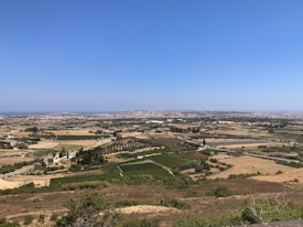 A vast rural landscape features agricultural fields with a mixture of green crops and dry land patches. In the distance, city buildings form a dense, sprawling urban area under a clear blue sky. A few scattered trees and small farmhouses can be seen across the area.