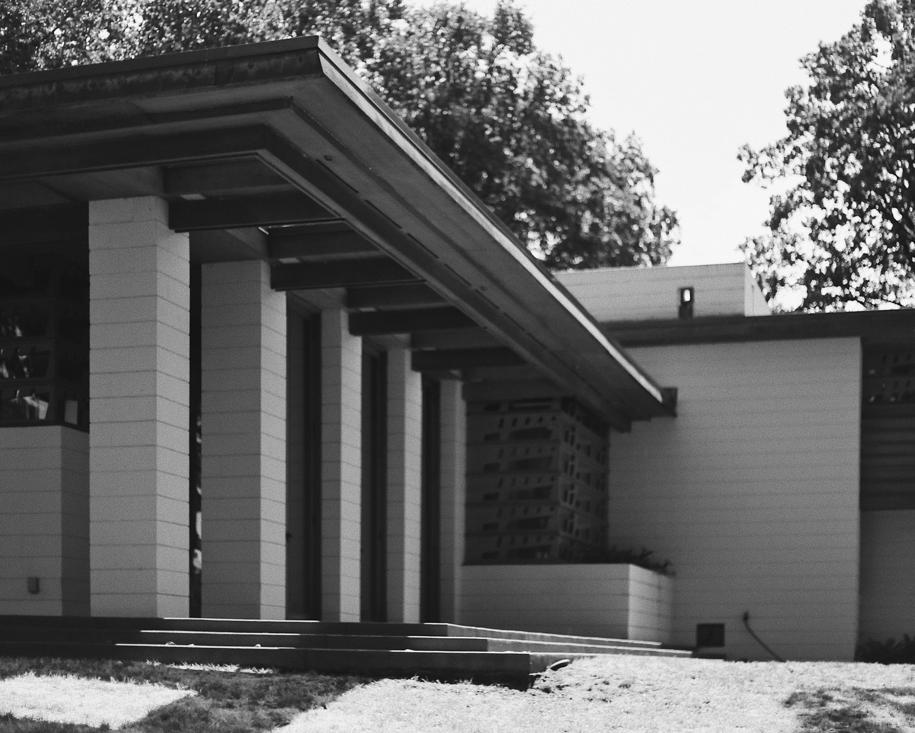 greyscale photography of building midcentury modern teams background