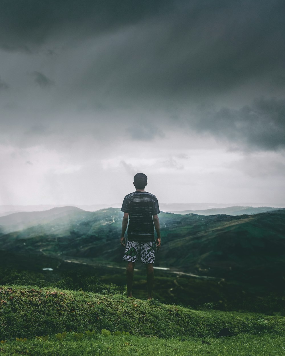 man standing on grass facing the mountains during day