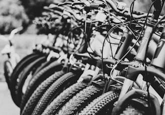 greyscale photography of parked bicycle