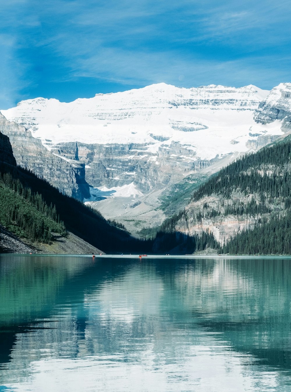 lake towards snow capped mountain