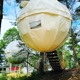 Spherical tents are suspended among trees in a forest, showcasing a unique camping setting. The tents appear to be made of a light, canvas-like material with small windows, and are accessed by stairs or ladders. Surrounding the tents are lush green trees under a clear blue sky.