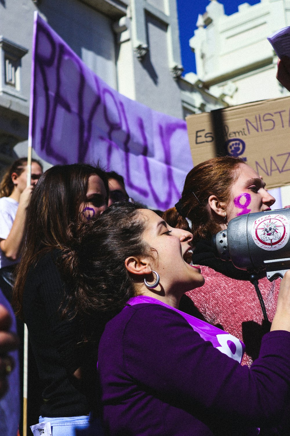 woman talking over megaphone