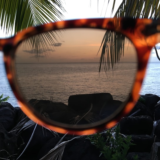 A serene Mediterranean landscape with elegant eyewear displayed against a backdrop of soft sunlight and gentle waves.