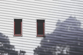 A wall with white horizontal siding features two rectangular windows with red trim. Shadows of trees are cast onto the wall, creating an interesting play of light and shape.
