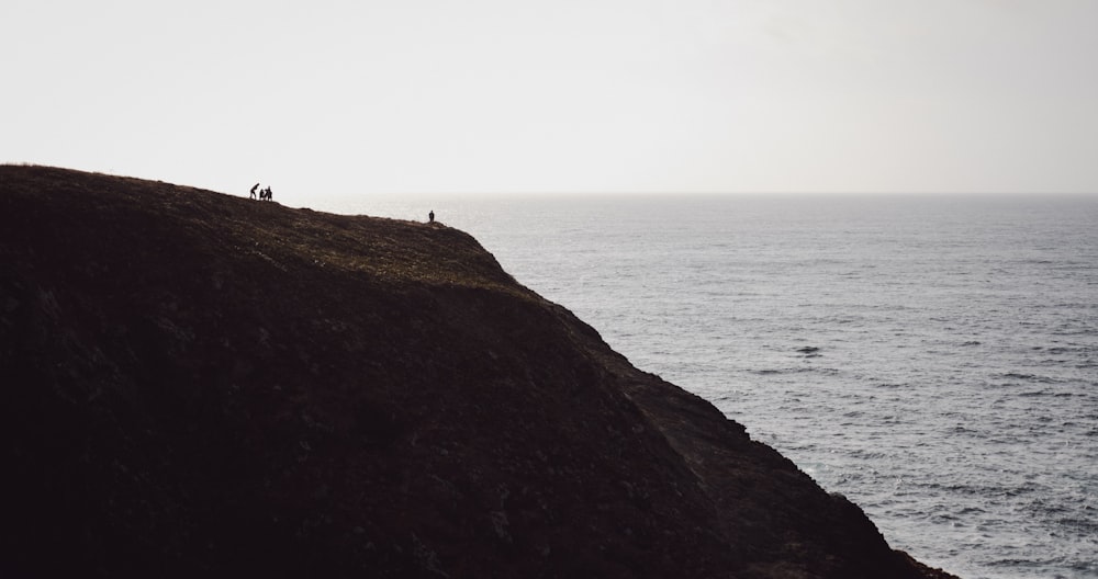 a couple of people standing on top of a cliff