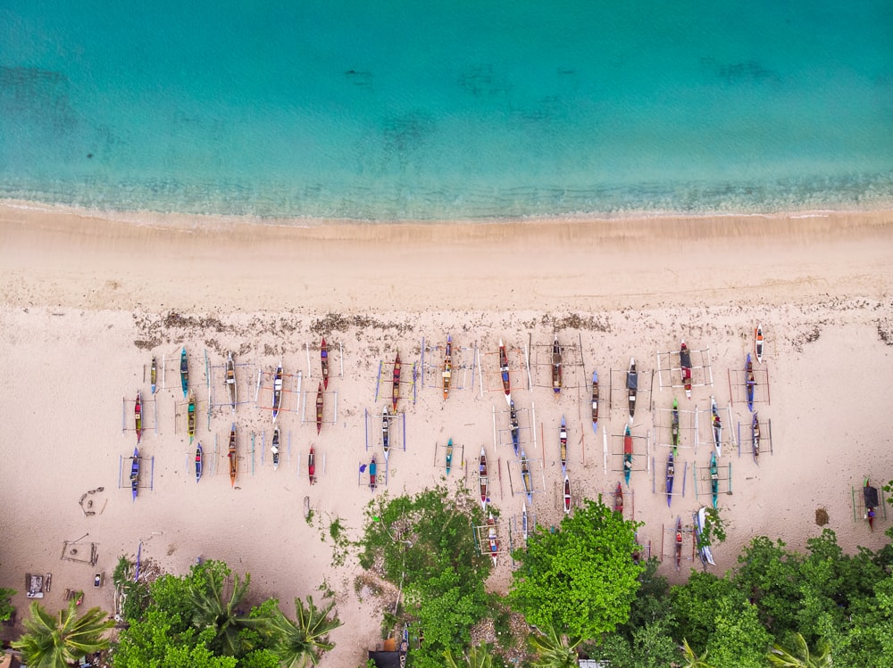 aerial view of boats on seashore