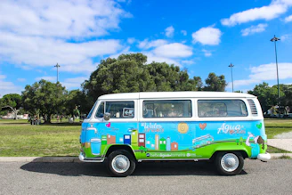 blue and green bus