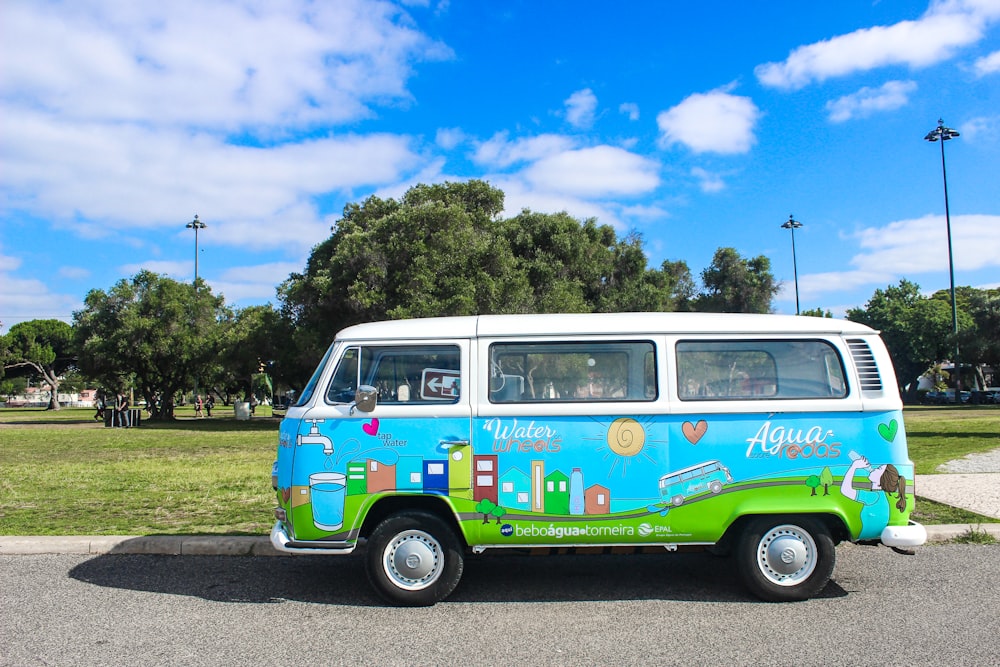 blue and green bus