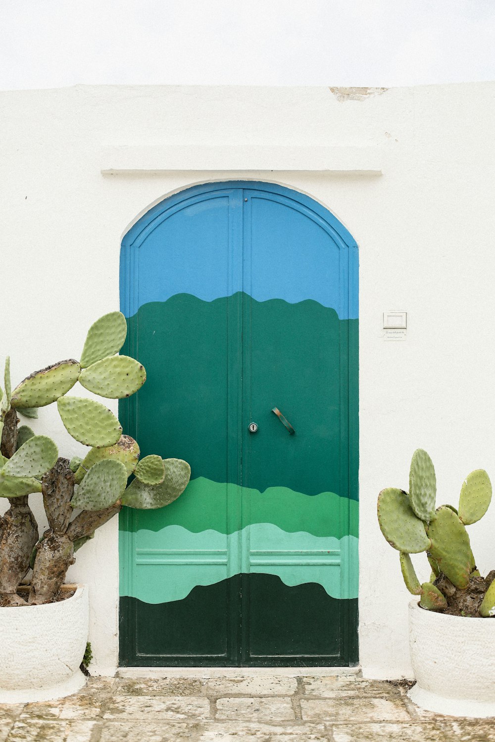 Photographie en gros plan de porte en bois vert et bleu