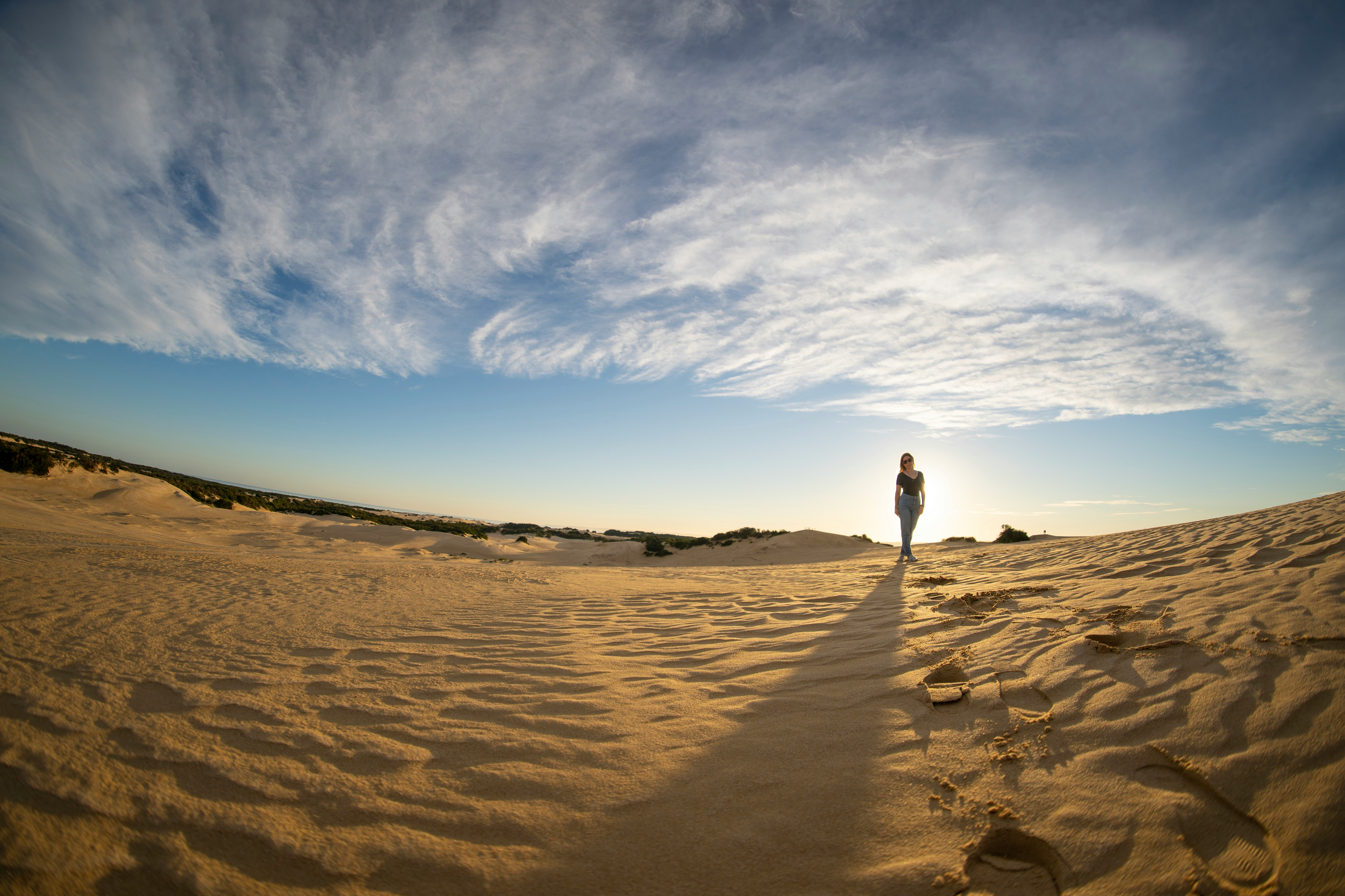 person standing on desert under blue and white skies