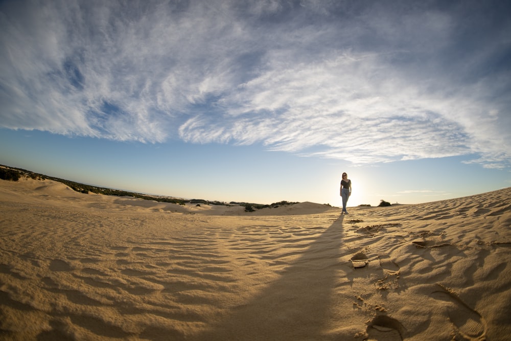 person standing on desert under blue and white skies