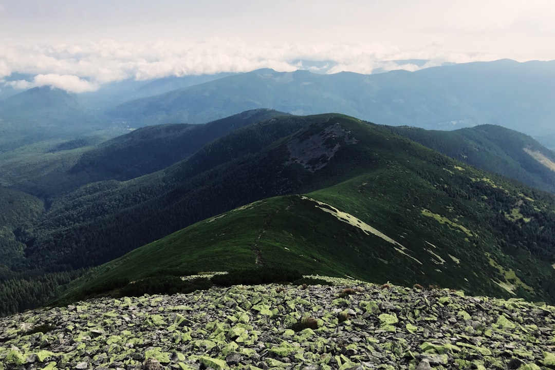 green mountain view under white skies