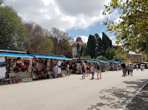 A bustling outdoor market with multiple stalls selling various colorful goods. People are walking around, exploring the merchandise under a partly cloudy sky. The market is set against a backdrop of trees and a historical dome structure visible in the distance.