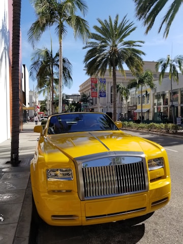 A sleek white luxury golf cart parked on a sunny coastal street near 30a with palm trees in the background.