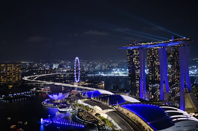 Marina Bay Sands and the Marina Bay skyline lit up at night