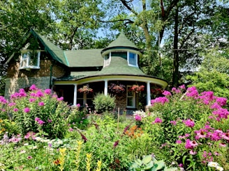 pink and yellow flowers beside green house at daytime
