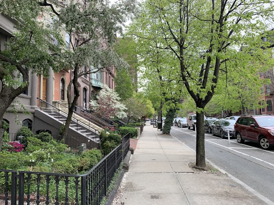 A vibrant neighborhood street lined with brownstone buildings and local shops.