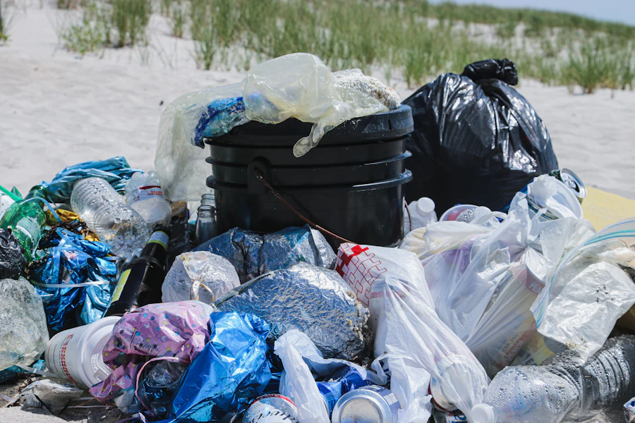 Gesammelte Plastikflaschen und weiterer Abfall von einem Strand auf Long Island