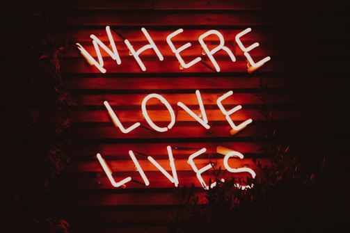 Neon letters spelling out 'Where Love Lives' are displayed on a dark wooden background. The glowing letters create a warm, inviting atmosphere.