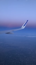 An airplane wing is visible against a backdrop of a serene sky transitioning from a deep blue to a soft pink hue. The ground is faintly visible far below, indicating the plane is at a high altitude. The logo 'SAS' is visible on the wing tip.
