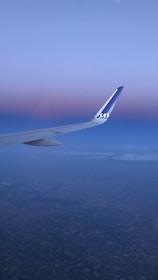 An airplane wing is visible against a backdrop of a serene sky transitioning from a deep blue to a soft pink hue. The ground is faintly visible far below, indicating the plane is at a high altitude. The logo 'SAS' is visible on the wing tip.