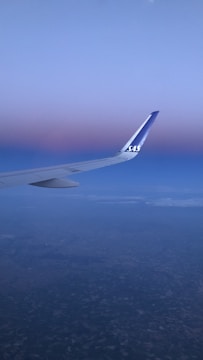 An airplane wing is visible against a backdrop of a serene sky transitioning from a deep blue to a soft pink hue. The ground is faintly visible far below, indicating the plane is at a high altitude. The logo 'SAS' is visible on the wing tip.