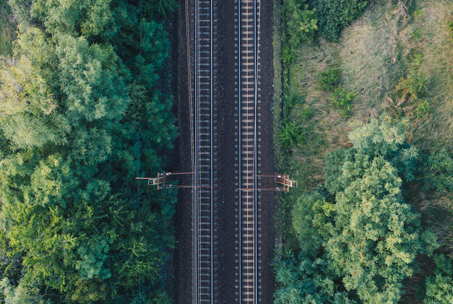 Aerial view of a railway line through woodland