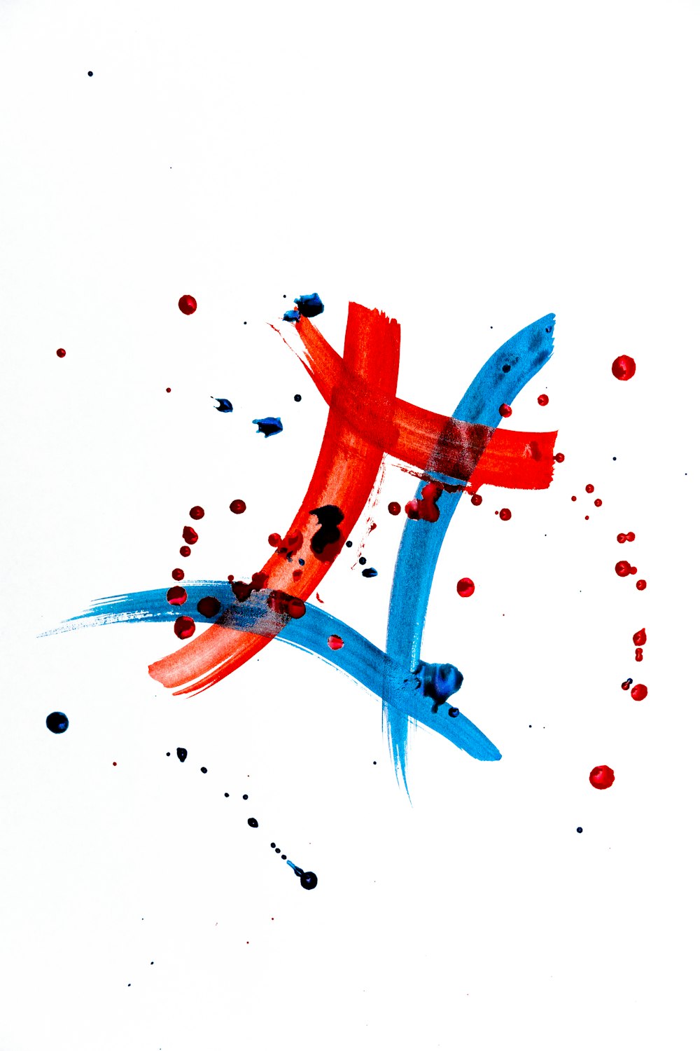 uma pintura de uma cruz vermelha e azul em um fundo branco