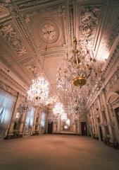 Luxurious ballroom with classic design and warm lighting.
