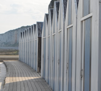 blue-and-white wooden sheds