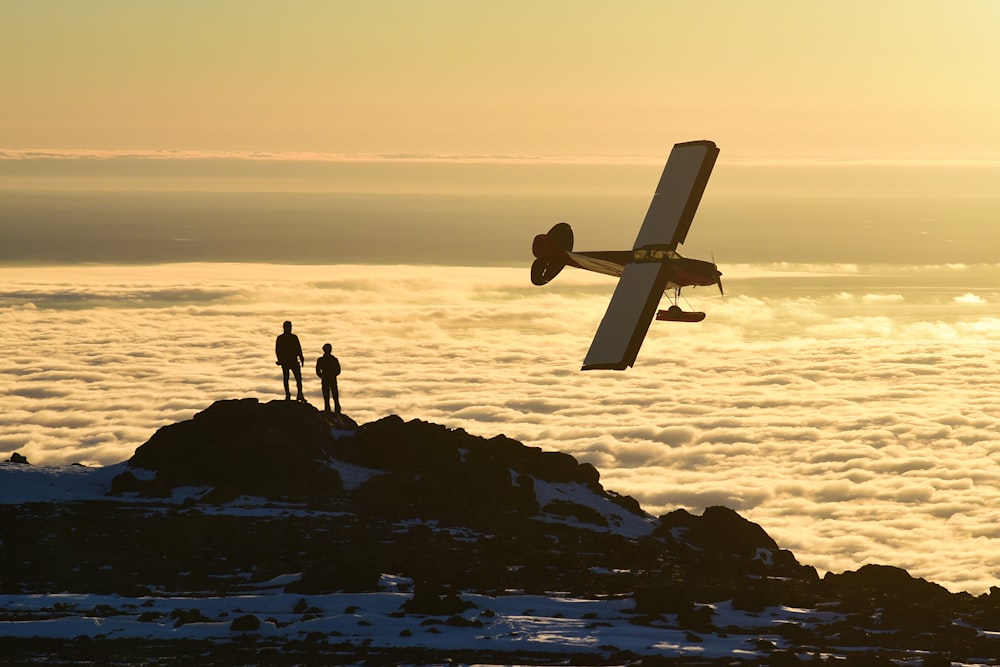 silhouette of people standing on island looking at plane