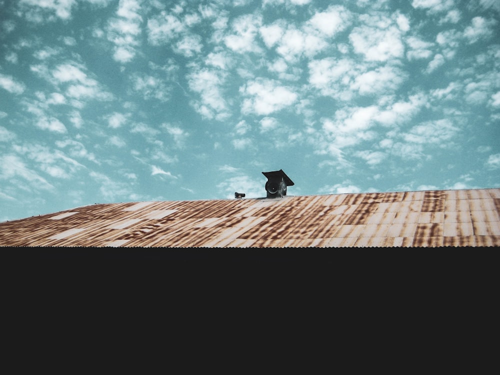 a man standing on top of a metal roof