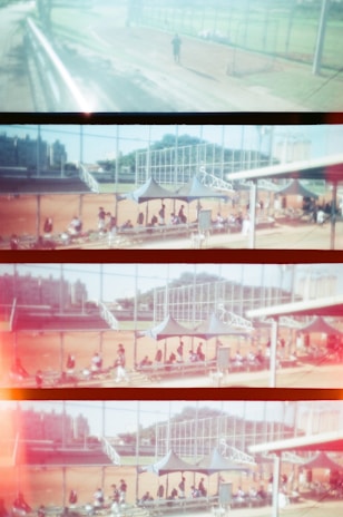 A sequence of four images shows a sports complex with tennis courts and people walking or sitting under tents near the courts. The atmosphere appears bright with sunlight casting shadows.