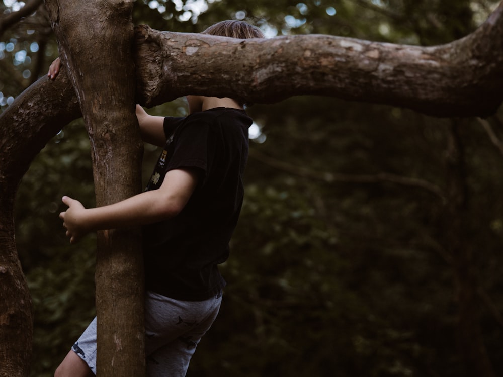 man climbing tree