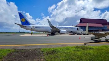 An airplane marked with 'Palau Pacific Airways' is parked on an airport tarmac. The sky is bright with scattered clouds, and there is a building with a red roof in the background. A small aircraft is visible on the right, and a person wearing a yellow vest is near the airplane.