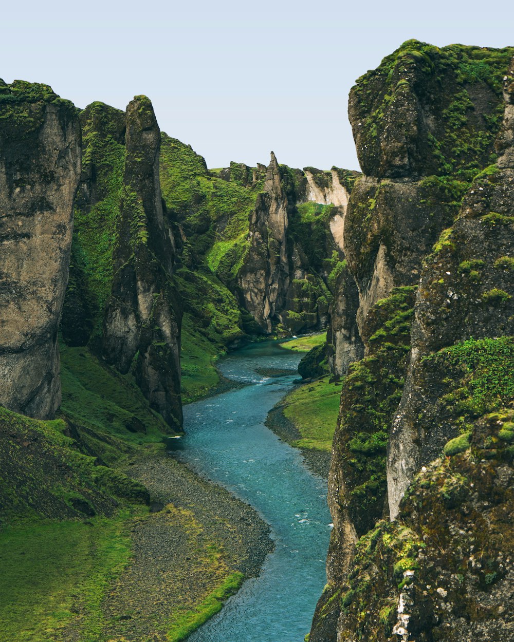 Ein Fluss, der durch ein üppiges grünes Tal fließt