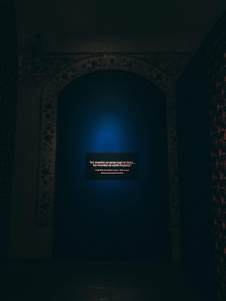A dark room features a central illuminated blue alcove with a rectangular plaque or art piece displaying a text message in white and red. The surrounding walls are dark with floral or intricate patterns faintly visible, giving an impression of a subdued and atmospheric space.
