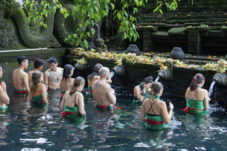 group of people standing on swimming pool