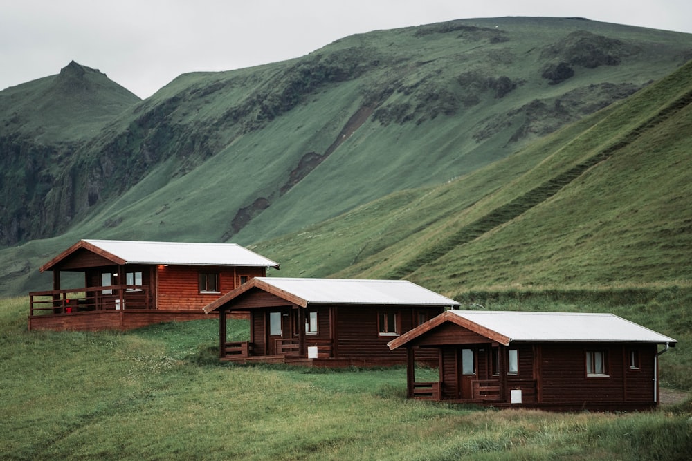 three brown houses near green mountains
