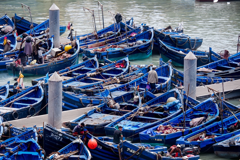 blue boats on pier