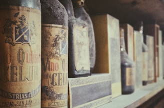 A collection of dusty, vintage wine bottles lined up on a wooden shelf. The bottles have aged labels featuring ornate designs and faded text. The atmosphere suggests antiquity and nostalgia.