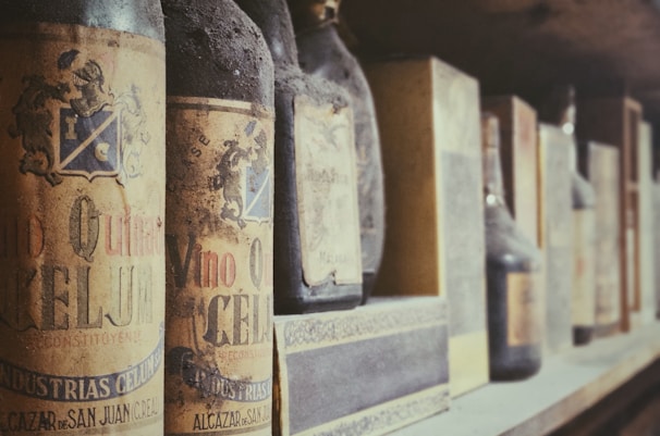 A collection of dusty, vintage wine bottles lined up on a wooden shelf. The bottles have aged labels featuring ornate designs and faded text. The atmosphere suggests antiquity and nostalgia.