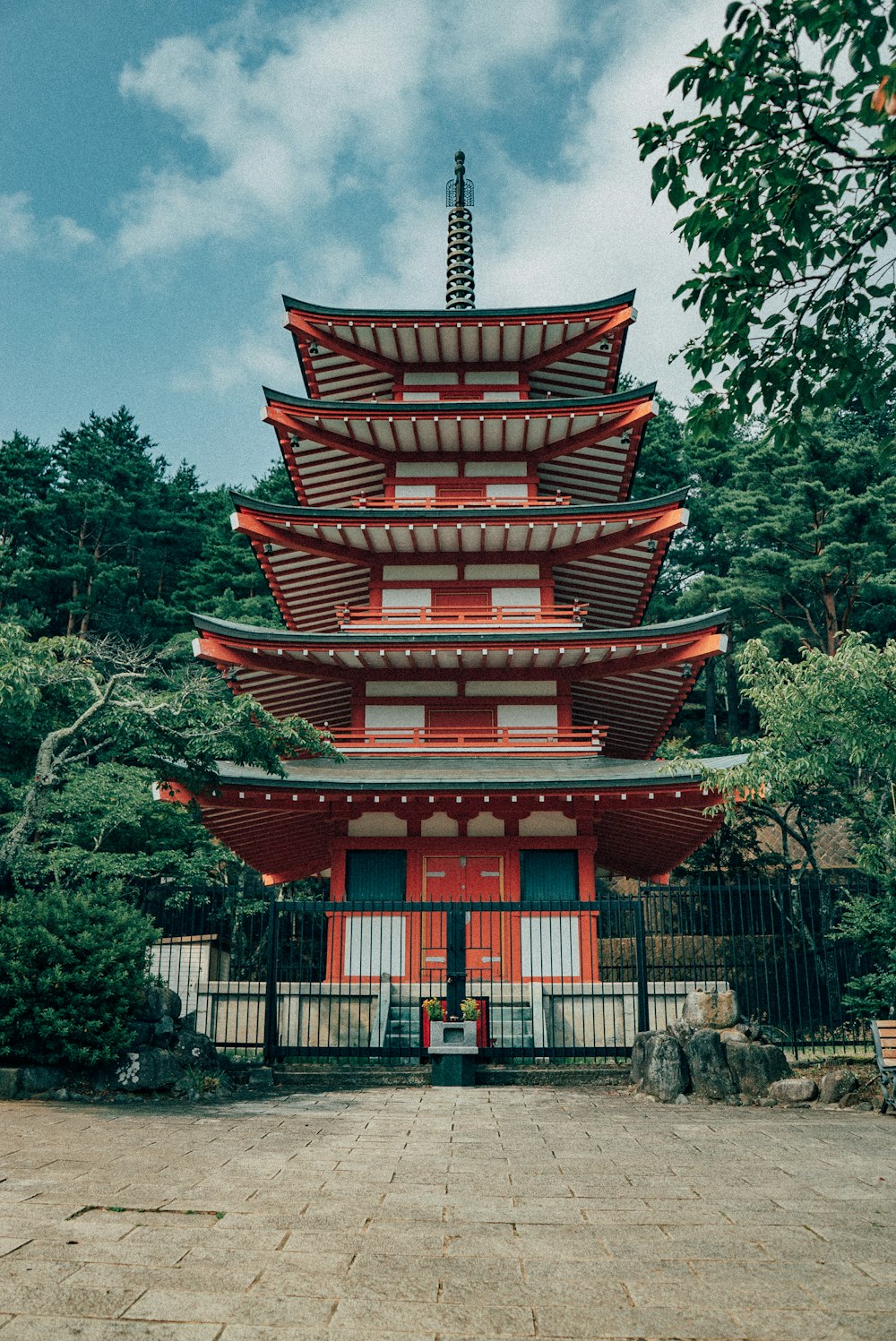 white and red five layer pagoda building