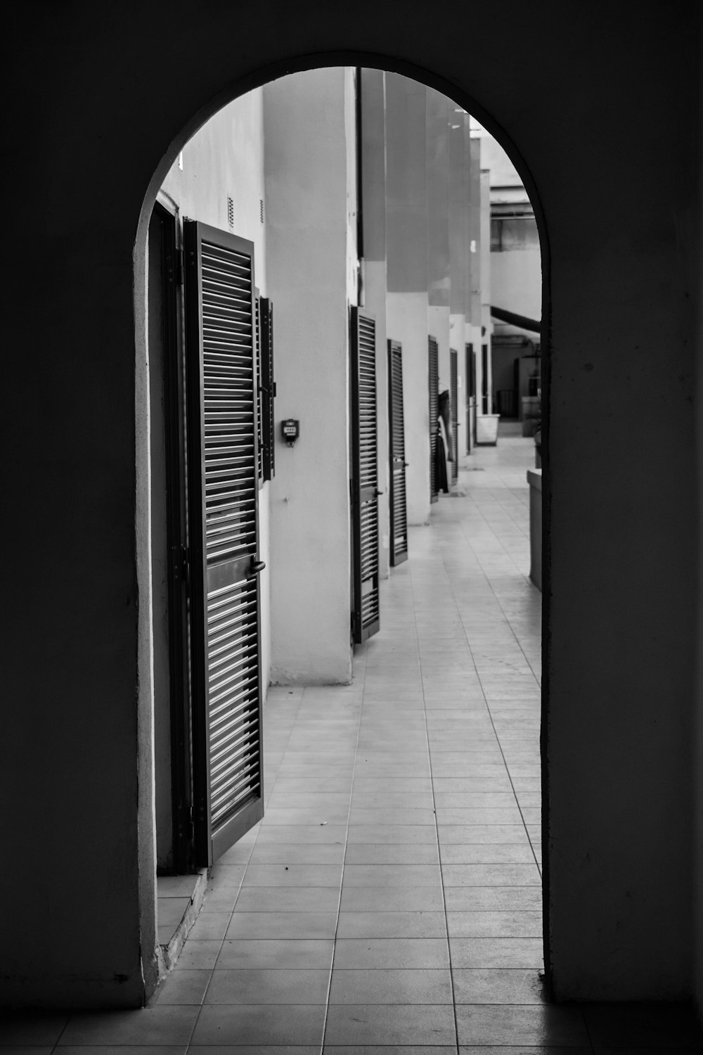 grayscale photography of wooden doors