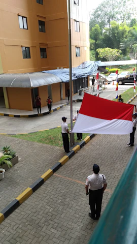 School children proudly holding red and white banners in a festive flag-raising ceremony.