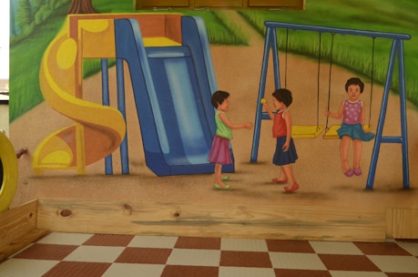 Animated cartoon children happily playing safely on a colorful playground.
