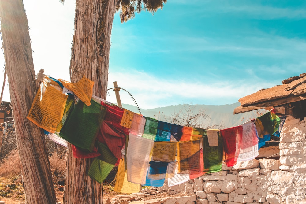 assorted colorful textiles in a clothesline